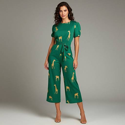 Photograph of a curly-haired woman in a green jumpsuit with gold giraffe prints, short sleeves, and a belted waist, standing against a