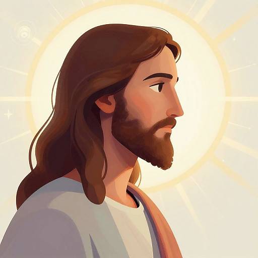 Digital illustration of a bearded, long-haired Jesus in profile, wearing a white robe, with a glowing yellow background.