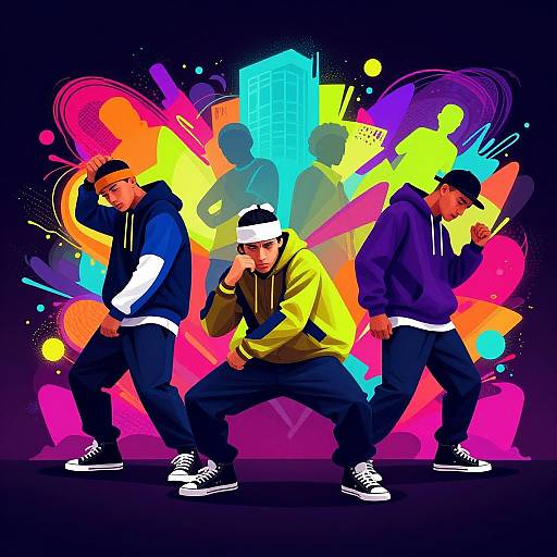 Vibrant digital illustration of three young men in hoodies and hats, striking confident poses against a neon, abstract cityscape background. Bright colors,