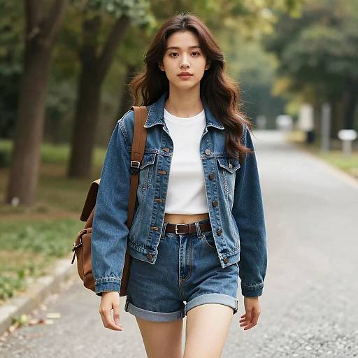Photograph of an Asian woman with long dark hair, wearing a white crop top, denim jacket, and high-waisted denim shorts, walking on