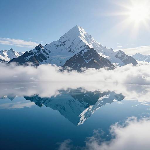 Photograph of a snow-capped mountain peak reflected in a serene, cloud-covered lake under a clear blue sky.