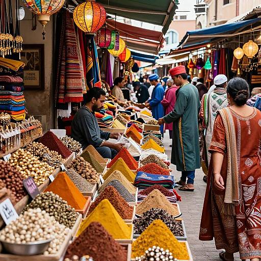 Colorful photograph of a bustling spice market with vendors in traditional clothing, hanging lanterns, and vibrant piles of spices along a narrow alleyway.