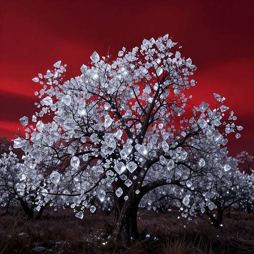 Photograph of a glowing, crystalline tree against a vivid red sky, with sparkling, diamond-like leaves covering its dark, twisting branches.