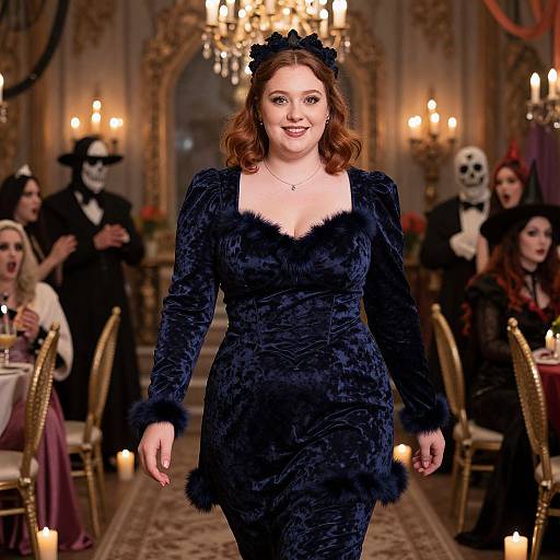 Photograph of a smiling redheaded woman in a black velvet dress with fur trim, cat ear headband, walking a candlelit, ornate ball