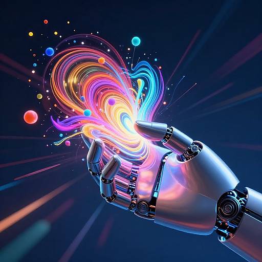 CGI image of a metallic robotic hand emitting vibrant, swirling rainbow lights and colorful orbs against a dark blue background.
