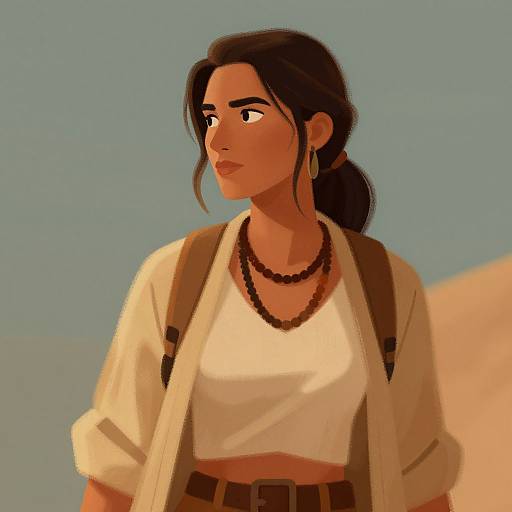 Digital illustration of a dark-skinned woman with long black hair, wearing a white crop top, brown necklace, and suspenders, gazing to the