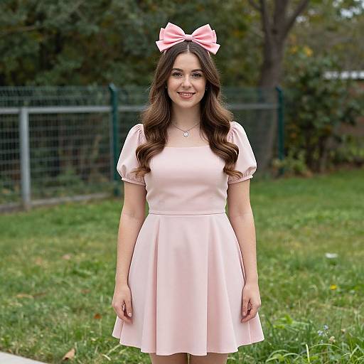 Photograph of a young woman with long brown hair, wearing a pink bow headband, pale pink dress, and necklace, smiling outdoors on a grass