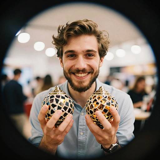 Photograph of smiling, bearded man with wavy brown hair holding two mosaic-patterned, gold and black, spherical objects in a brightly lit,