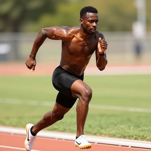 Photograph of a muscular, dark-skinned male runner in black shorts and white sneakers sprinting on a red track with green grass background.