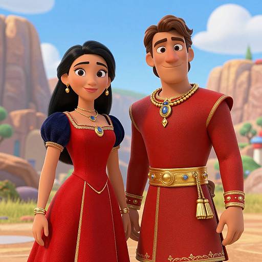 Digital 3D animation of a smiling couple in red, gold-trimmed royal attire, standing hand-in-hand in a sunny, mountainous village