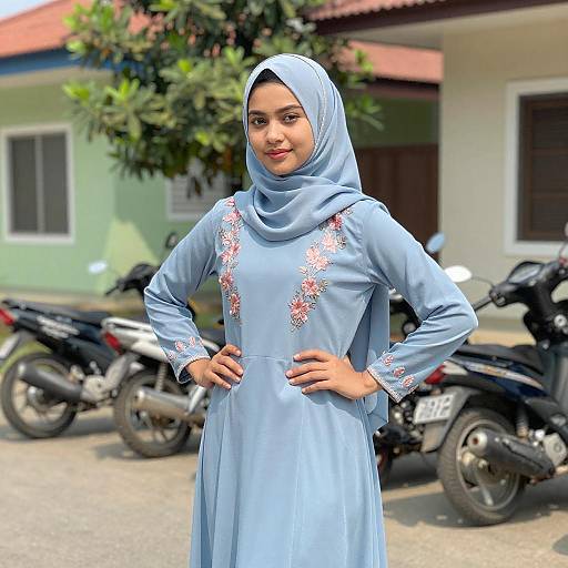 Young Woman in Embroidered Hijab Dress