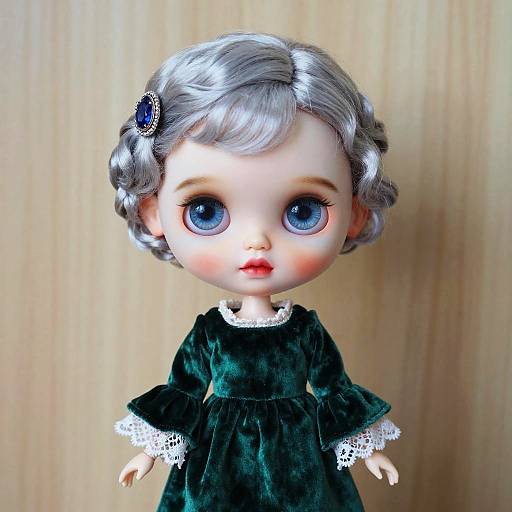 Photograph of a vintage-style porcelain doll with silver curls, large blue eyes, and a green velvet dress with white lace trim, against a wooden background