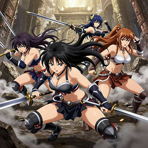 Digital anime artwork of four fierce, scantily clad female warriors with swords, in an ancient, ruined temple, battling amidst smoke.