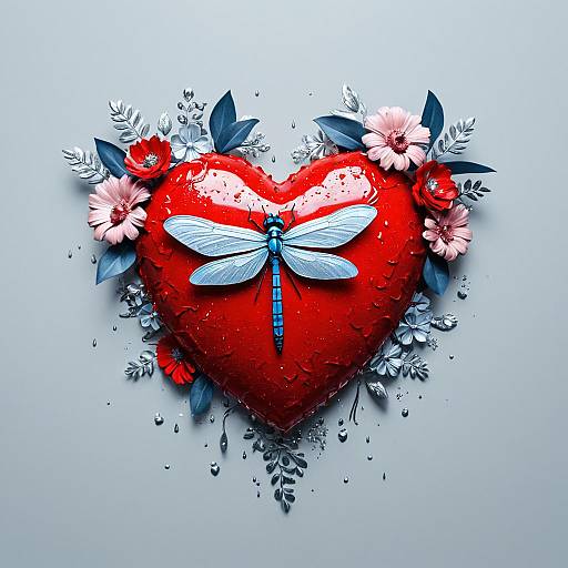 Scarlet Heart with Silver Floral Dragonfly