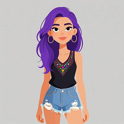 Digital illustration of a smiling woman with long purple hair, wearing a black embroidered tank top and blue denim shorts, standing against a white background.