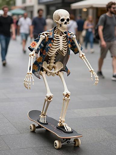 Urban Skeleton Skateboarder in Floral Shirt