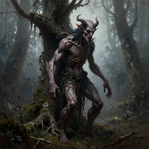 Digital fantasy artwork of a twisted, horned demon with pale, muscular, decaying skin, standing in a dark, misty forest.