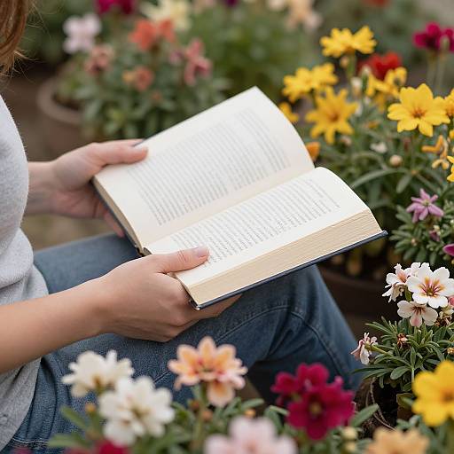 Photograph of a person with light skin, wearing a white sweater and blue jeans, reading a book among vibrant, colorful flowers.