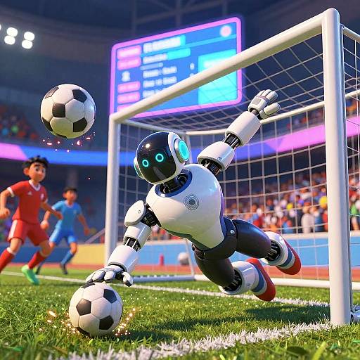CGI image of a futuristic robot soccer player diving to save a ball in front of a goal, with blurred human players and a brightly lit stadium in
