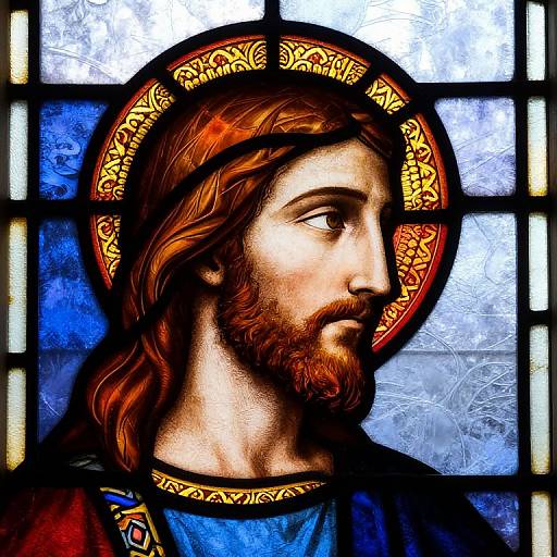 Stained glass depiction of a bearded, brown-haired Jesus with a halo, focused gaze, wearing a blue robe, against a grid-patterned background