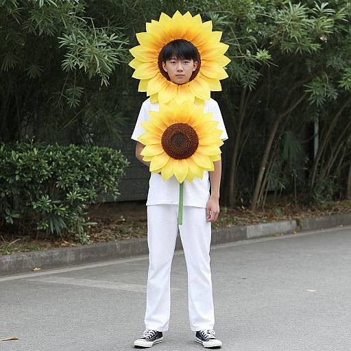Photograph of a young boy with short black hair, wearing a large sunflower headpiece, white outfit, and black sneakers, standing on a street