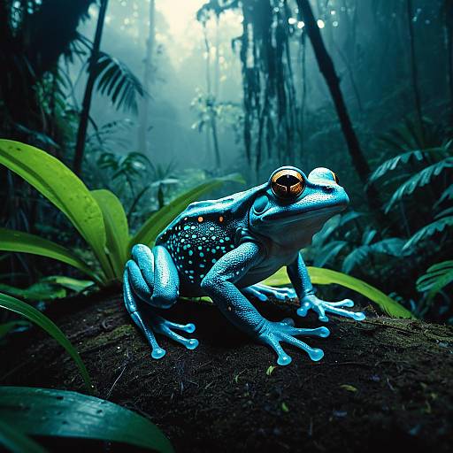 Glowing Bioluminescent Frog in Misty Jungle