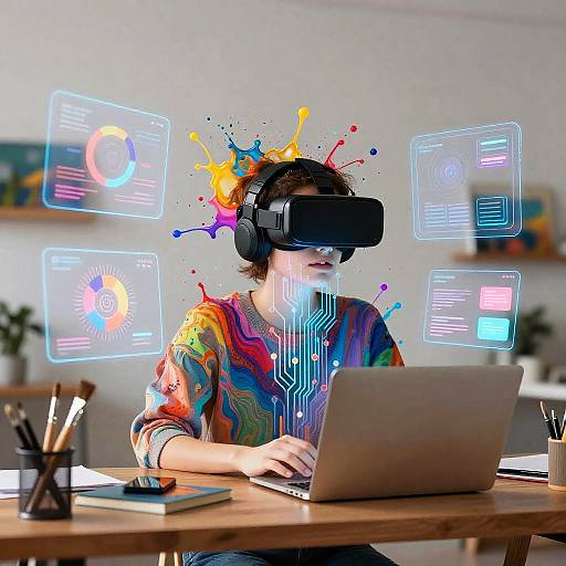 Digital artwork: Person in colorful, rainbow-patterned shirt wearing VR headset, surrounded by glowing, neon interfaces on a wooden desk.