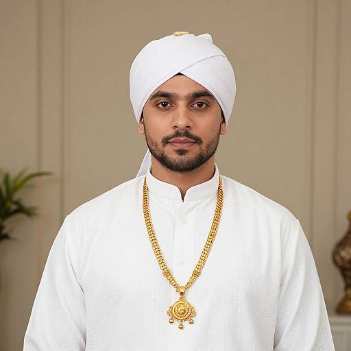 Photograph of a South Asian man with a medium build, dark beard, and mustache, wearing a white turban, white traditional outfit, and