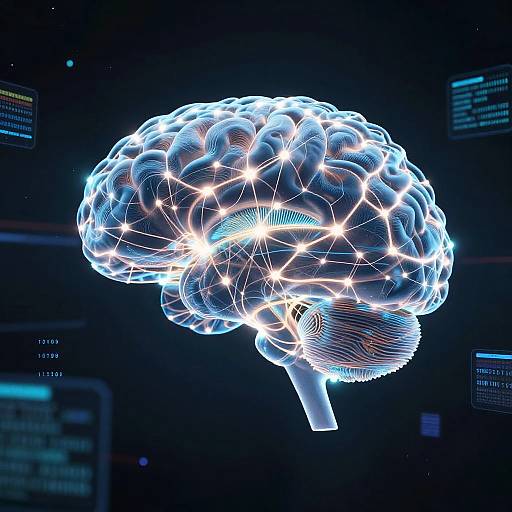 Digital CGI image of a glowing, blue, wireframe human brain against a dark background, with neon lights and data panels.