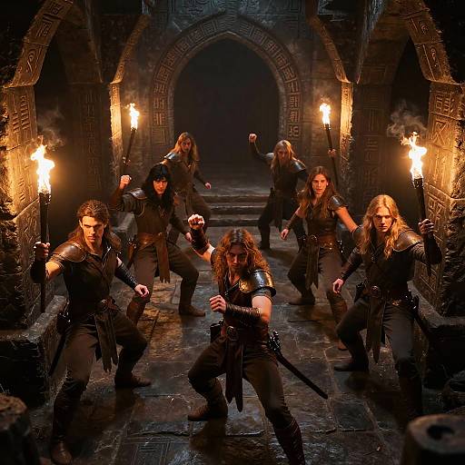 Photograph of seven muscular, long-haired warriors in black leather armor, fighting stances, in a dimly lit, brick-walled corridor with flaming