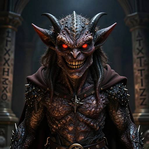 Digital artwork of a menacing, horned demon with glowing red eyes, sharp teeth, and textured, scaly dark skin, standing in a dimly