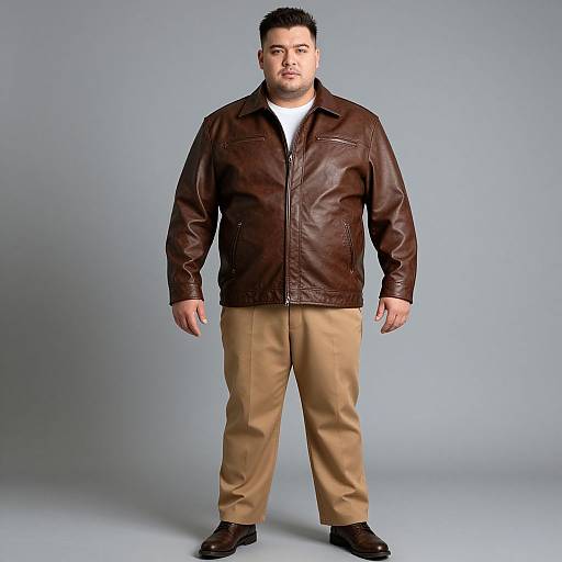 Photograph of a heavyset Asian man with short black hair, wearing a brown leather jacket, white shirt, beige pants, and black shoes, standing