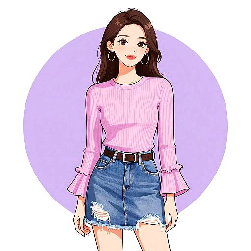 Digital anime-style drawing of a smiling young woman with long brown hair, wearing a pink ribbed long-sleeve top and blue denim skirt with fr