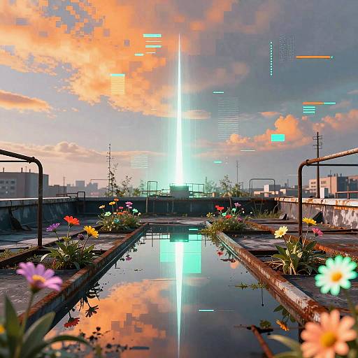 Digital artwork of a rooftop garden at sunset, featuring a vibrant reflection pool with colorful flowers, a bright city skyline, and neon cityscape elements against a
