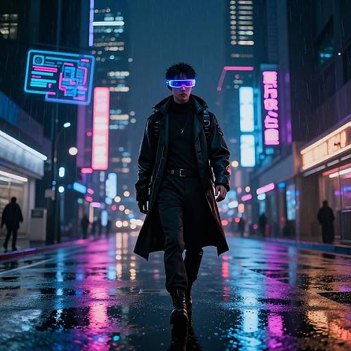 Cyberpunk street scene: Neon-lit, rainy night; man in black leather coat and glowing blue visor walks down wet, reflective street.