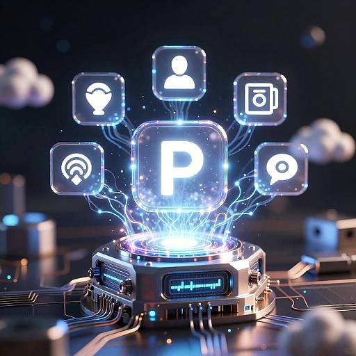 Digital CGI image of a glowing, futuristic server emitting neon icons (user, lock, Wi-Fi, camera, settings) against a dark, cloud-filled