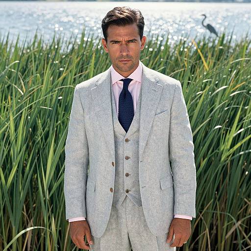 Confident Man in Linen Suit by Water