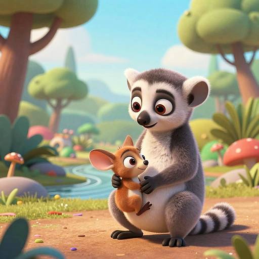 CGI cartoon of a loving lemur holding a small, wide-eyed kangaroo rat by a colorful, sunny forest stream. Bright, playful, and