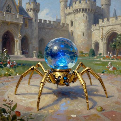 Digital artwork of a gold-spider with a glowing blue orb on its back, in front of a medieval castle courtyard.