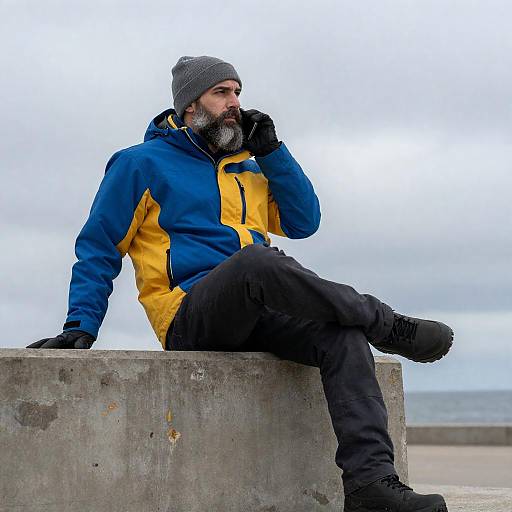Bearded Man on Weathered Concrete Ledge