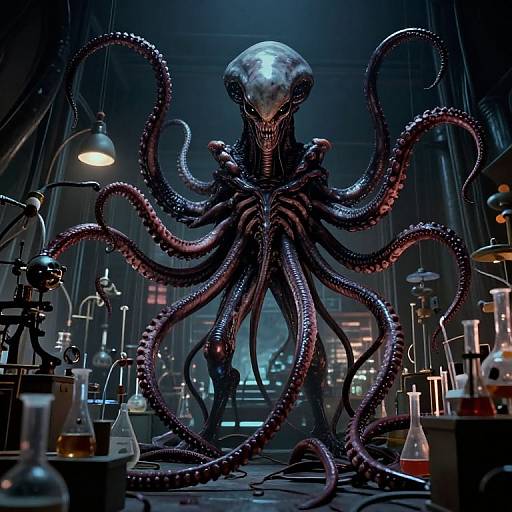 Digital artwork of a sinister, tentacled alien creature with a metallic head, standing in a dimly lit, cluttered laboratory filled with scientific equipment