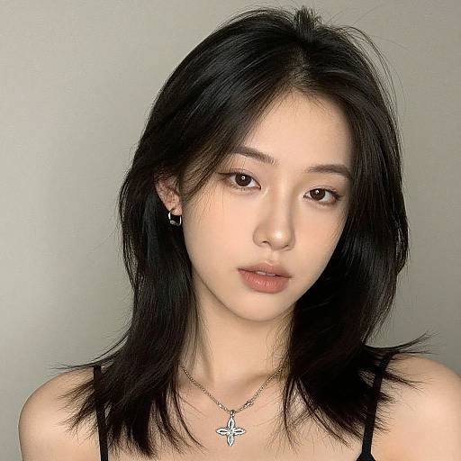 Photograph of an Asian woman with fair skin, black shoulder-length hair, brown eyes, wearing a black spaghetti strap top, small cross necklace, and