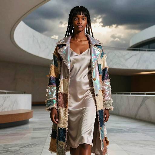 Black Female Model in Iridescent Patchwork Coat