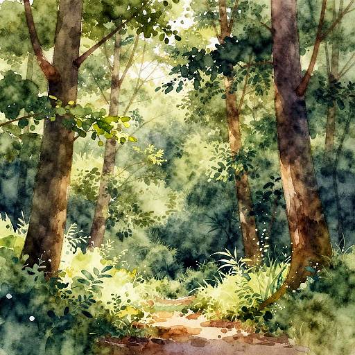 Watercolor painting of a sunlit forest path, with tall trees, lush green foliage, and dappled light filtering through the canopy.