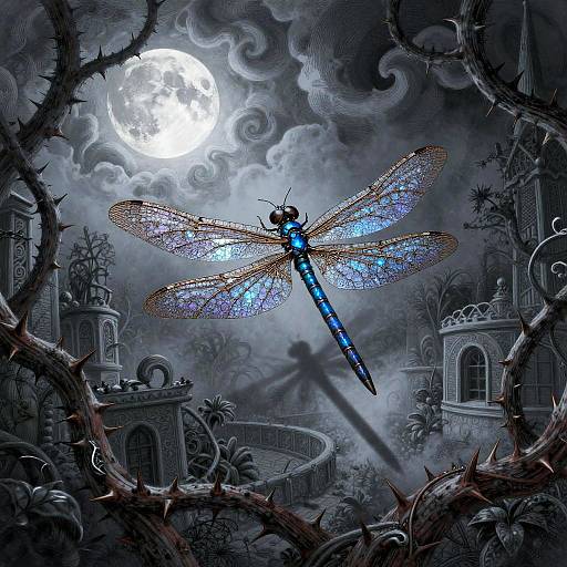 Radiant Clockwork Dragonfly in Moonlit Maze