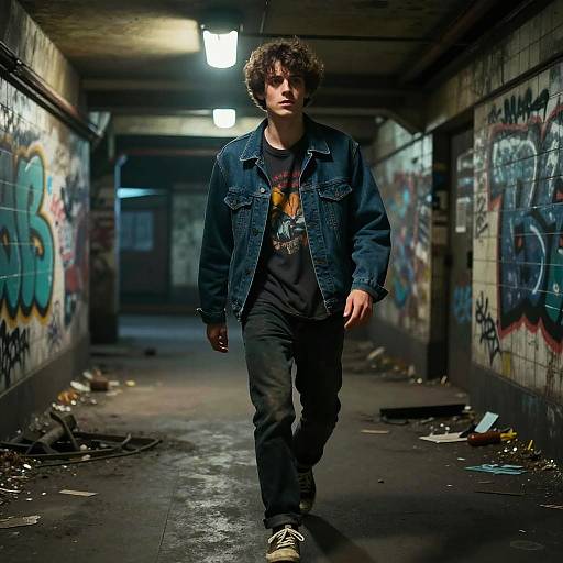 Photograph of a curly-haired young man in a denim jacket and black shirt, walking through a graffiti-covered, dimly-lit, abandoned subway tunnel