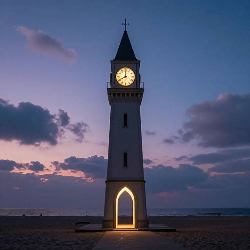 Photograph of a tall, illuminated clock tower with a glowing arch, set against a twilight sky with purple and pink clouds.