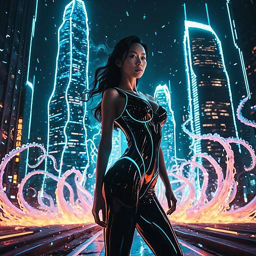 Futuristic Cybernetic Woman in Neon Cityscape