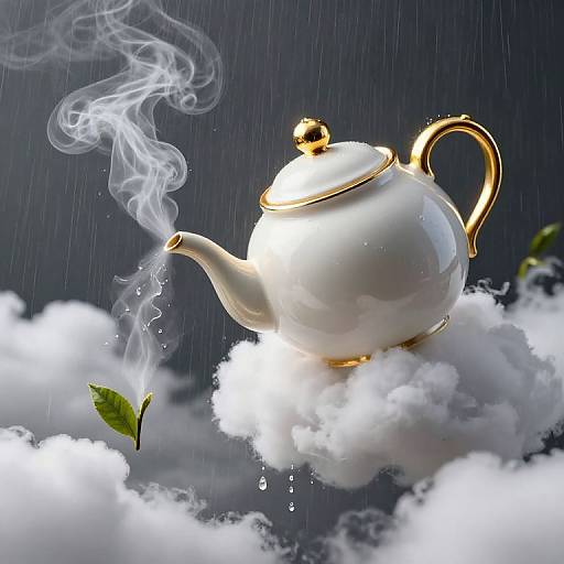 Photograph of a white, gold-trimmed teapot with steam rising, floating on clouds in a rainy, dark sky, with a green leaf