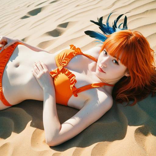 Red-haired woman in orange bikini on sand dunes